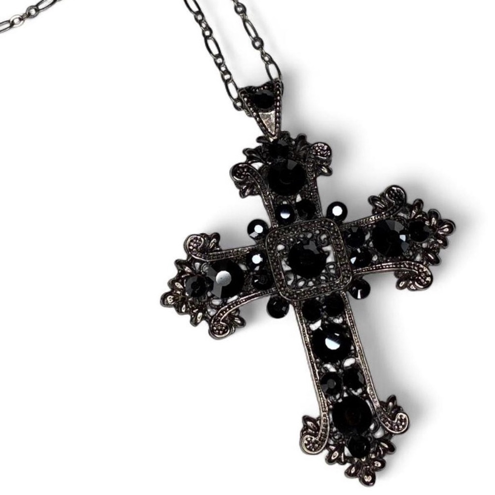 ★ Antique Silver Cross Chain Necklace Hematite Crystal Gothic Pendant Unisex ★